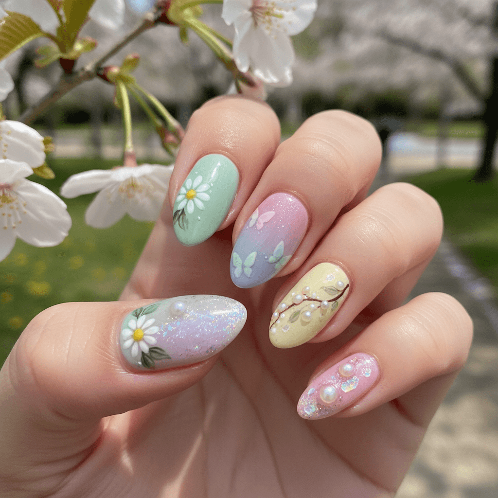 Delicate Pastel Spring Nail Art Close-Up