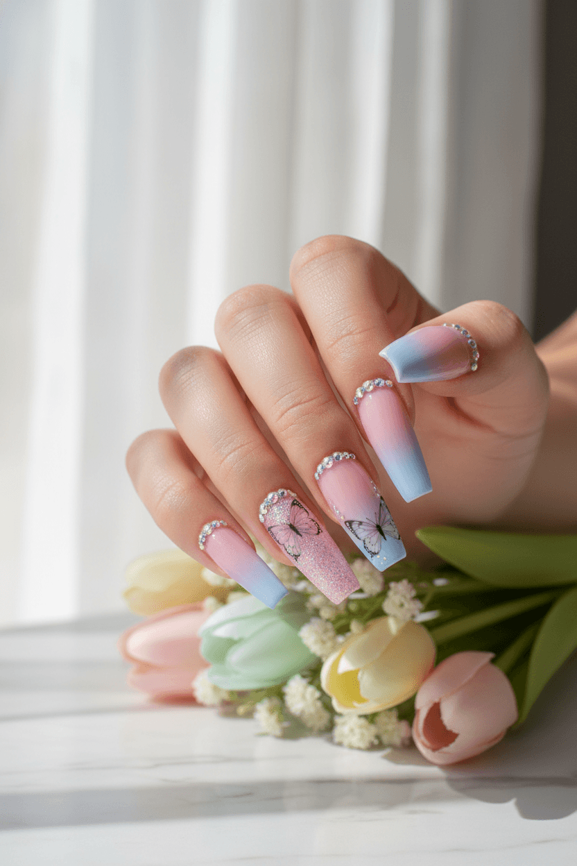 Ephemeral Bloom: Pastel Butterfly Coffin Nails