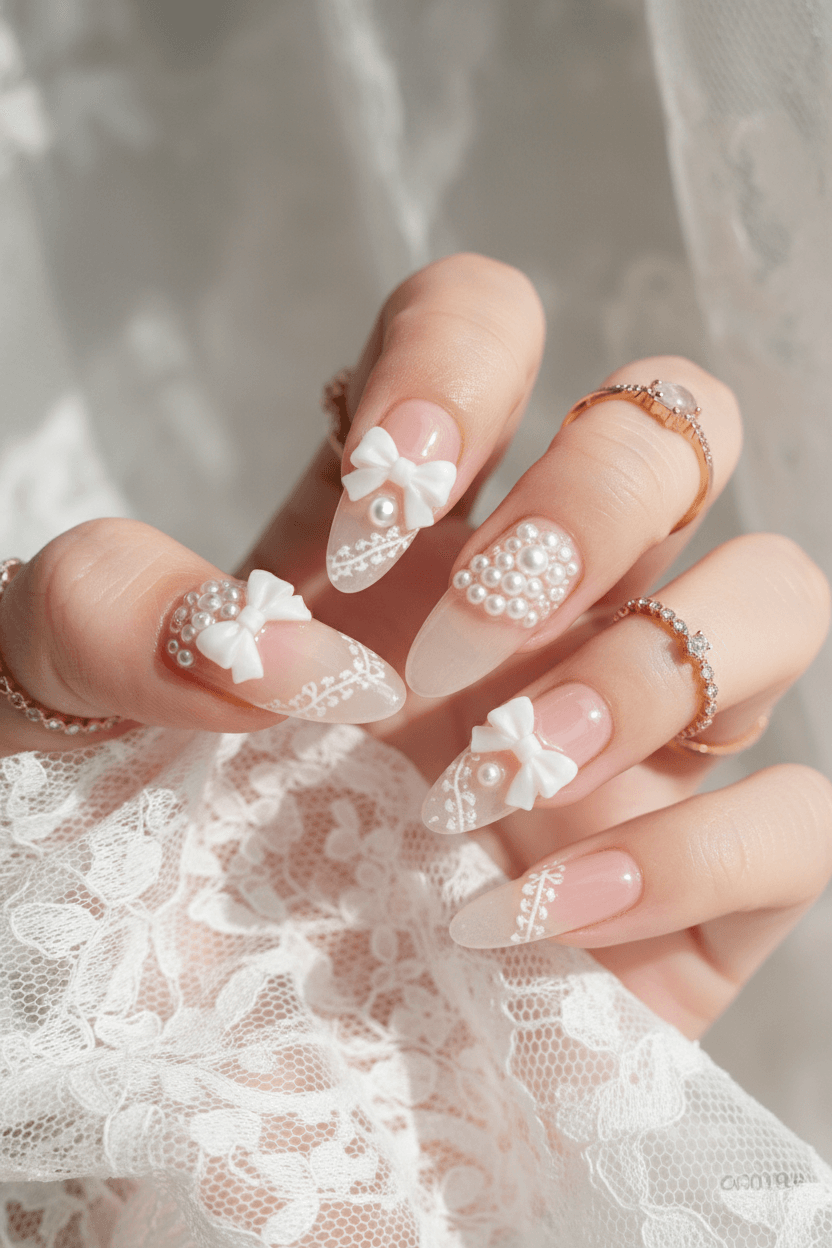 Blushing Bows: Romantic Almond Coquette Nails