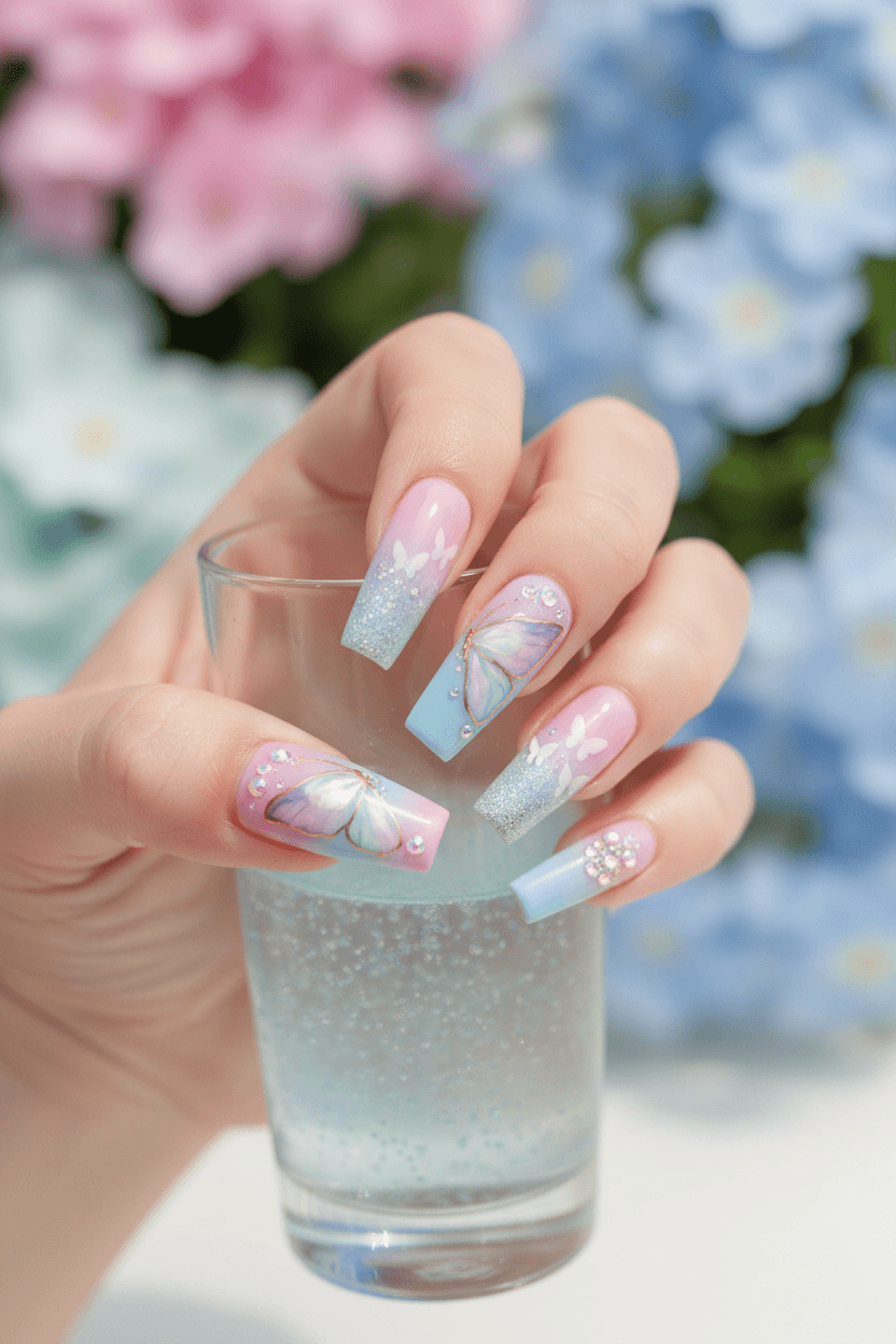 Ethereal Flutter: Pastel Ombre Butterfly Coffin Nails with Rhinestone Dewdrops