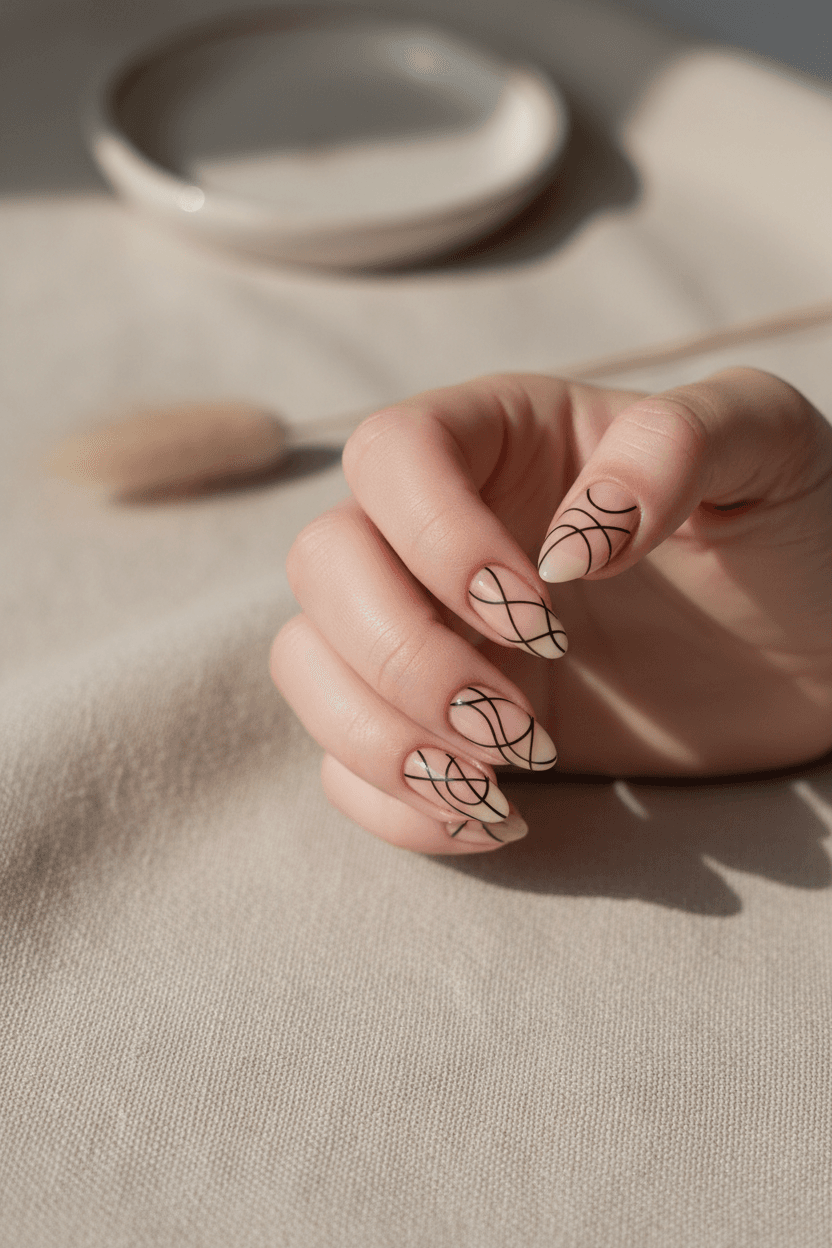 Elegant Abstract Line Art Manicure on Nude Almond Nails