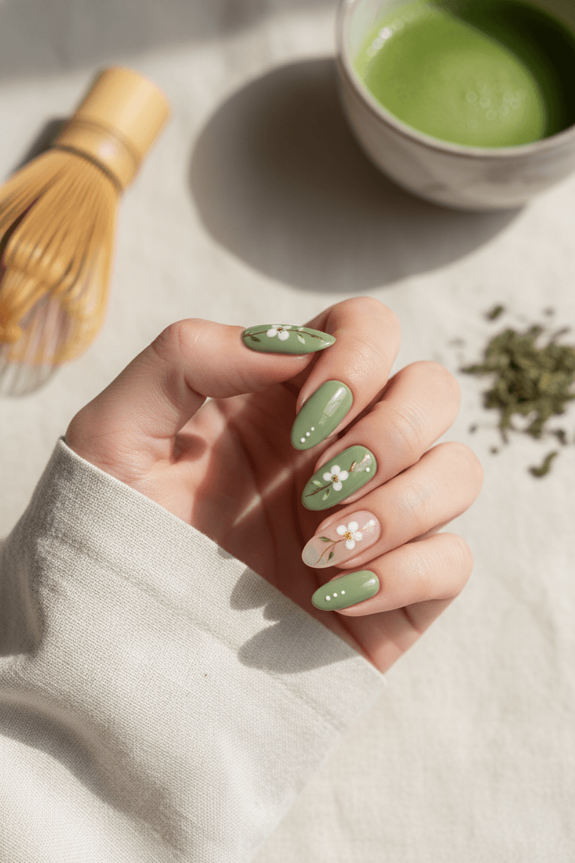 Modern Serenity: Matcha Blossom Manicure