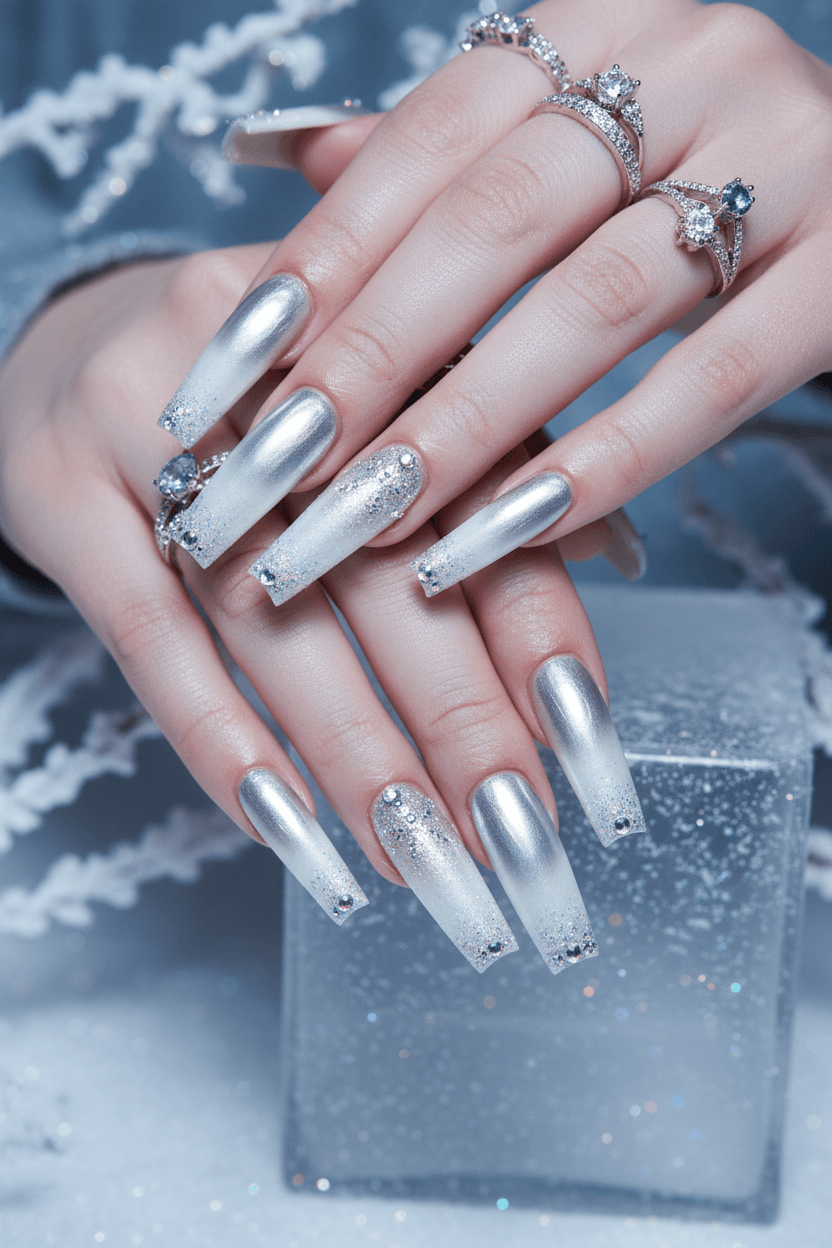 Frozen Opulence: Icy Silver & White Chrome Coffin Nails
