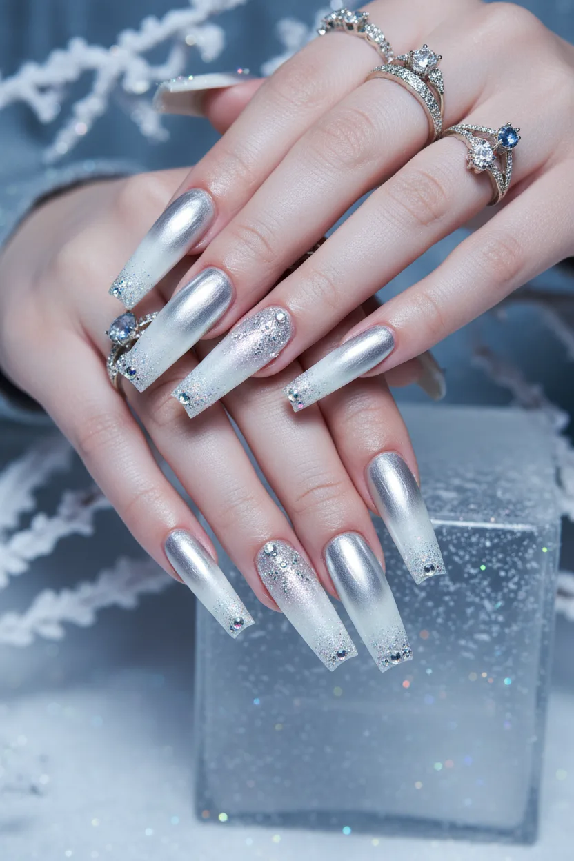 Frozen Opulence: Icy Silver & White Chrome Coffin Nails