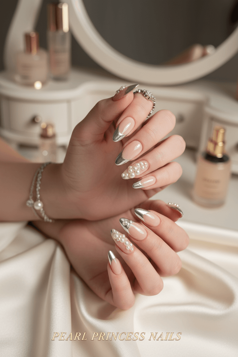 Ethereal Elegance: Pearl-Kissed Nude Almond Nails