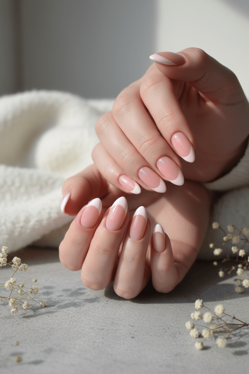 Blush Almond French Tips: Sheer Pink Elegance