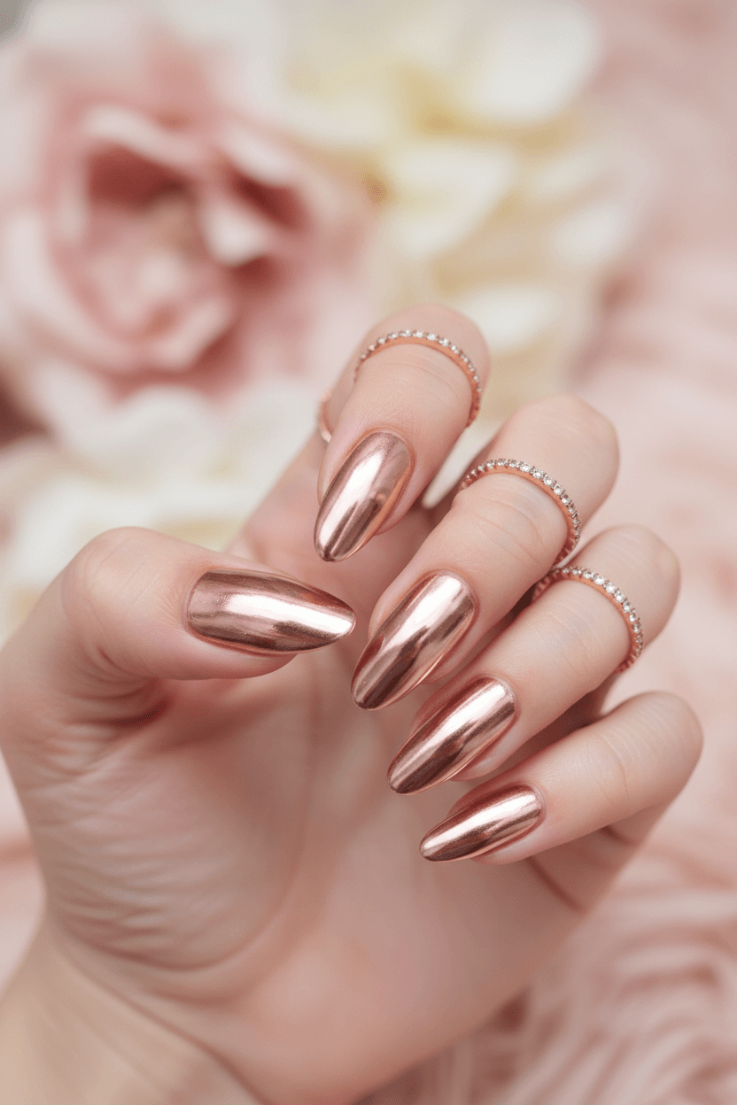 Rose Gold Radiance: Almond Chrome Elegance