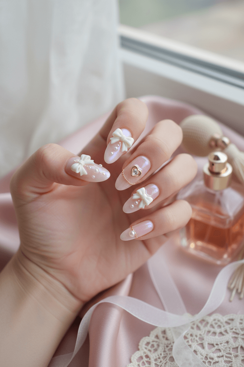 Coquette Dream Bow Nails: Whispering Pink Pearl Manicure