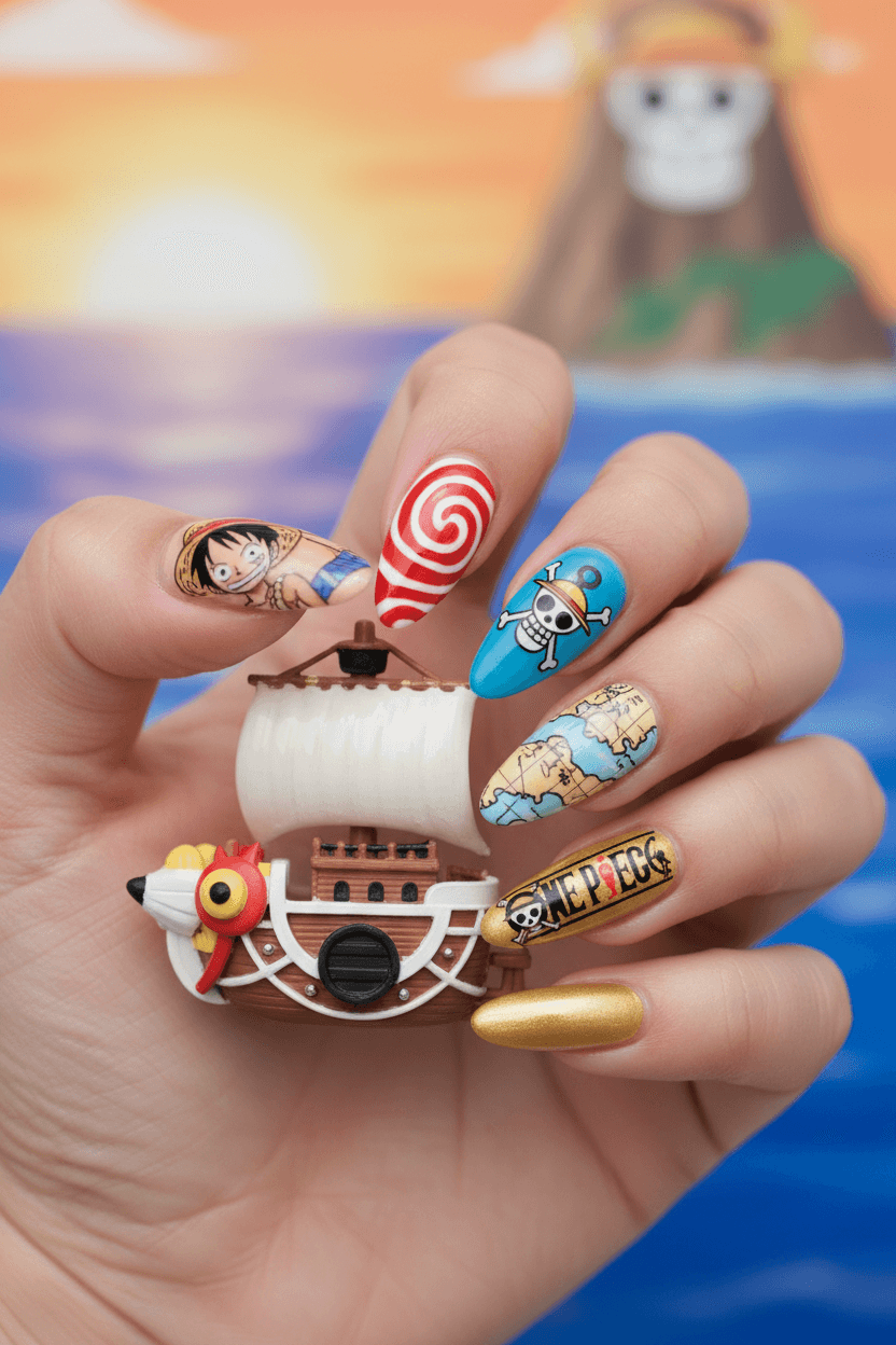 Crimson Voyage: Straw Hat Pirate Nail Art Odyssey