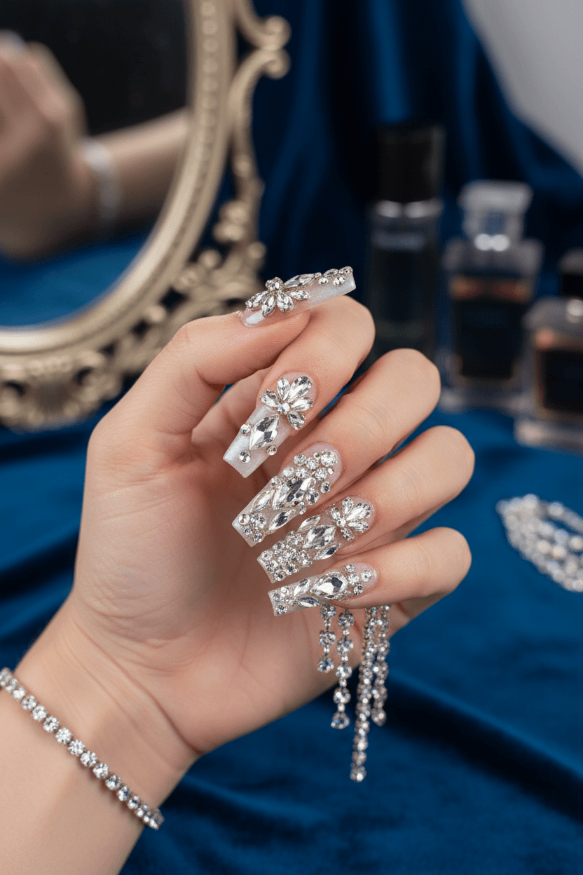 Opulent Crystal Cascade: Diamond Coffin Nails