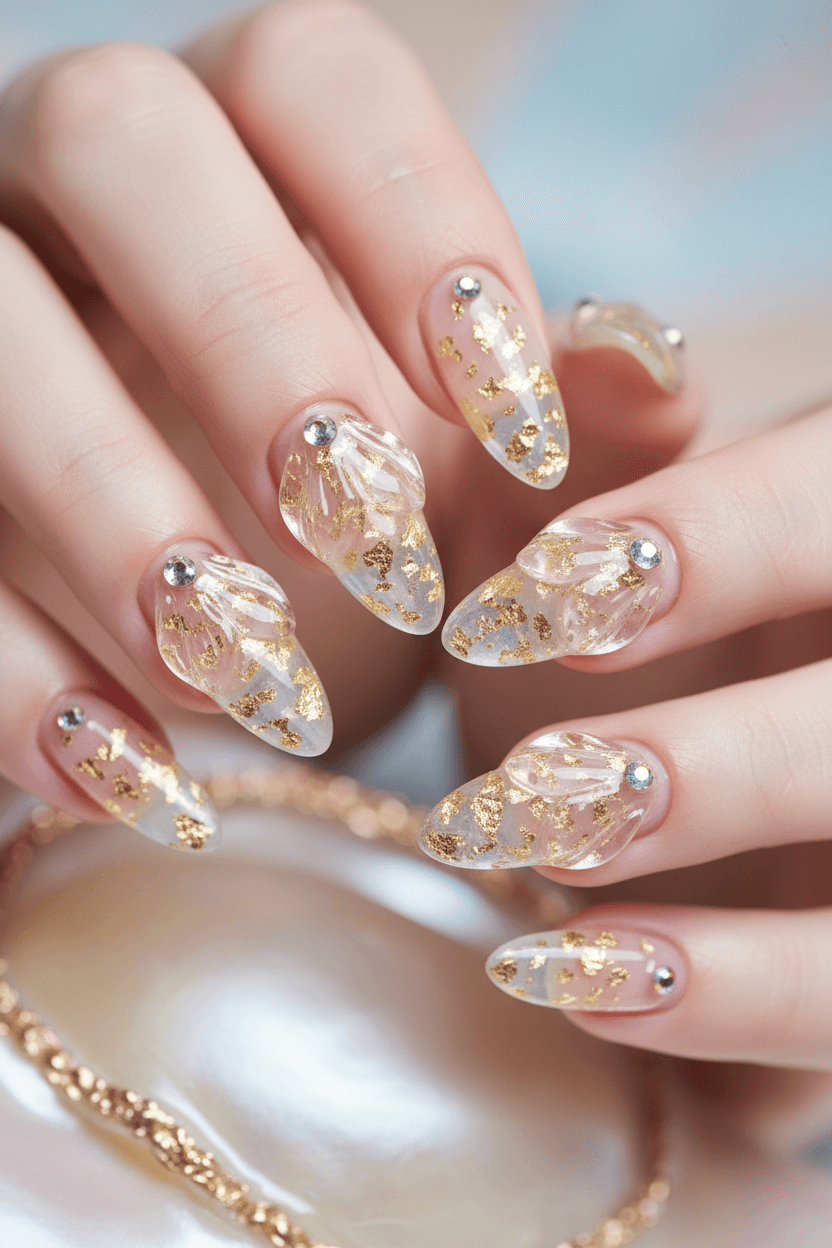 Aurora Bloom: Gilded Crystal Nail Art