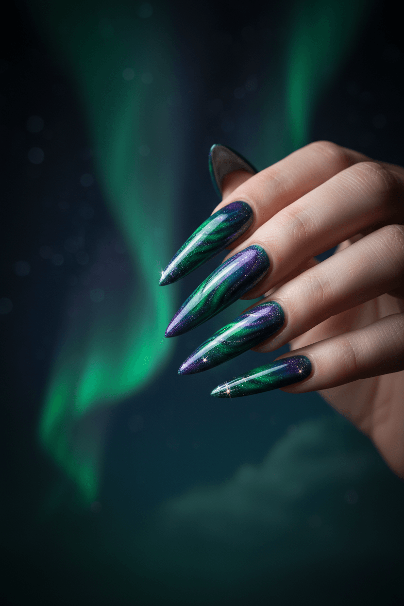 Aurora Alchemy: Emerald, Violet & Blue Stiletto Dream