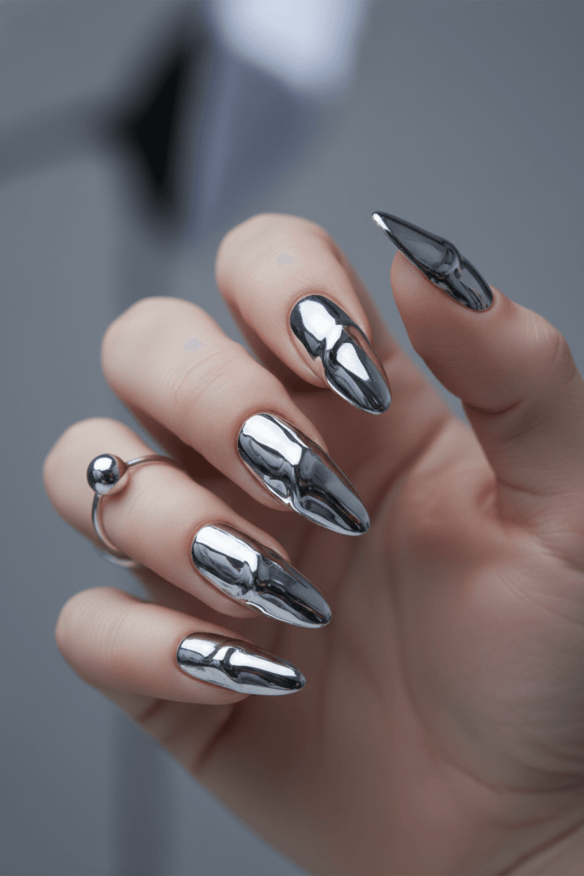 Mirage of Mercury: Avant-Garde Liquid Chrome Manicure
