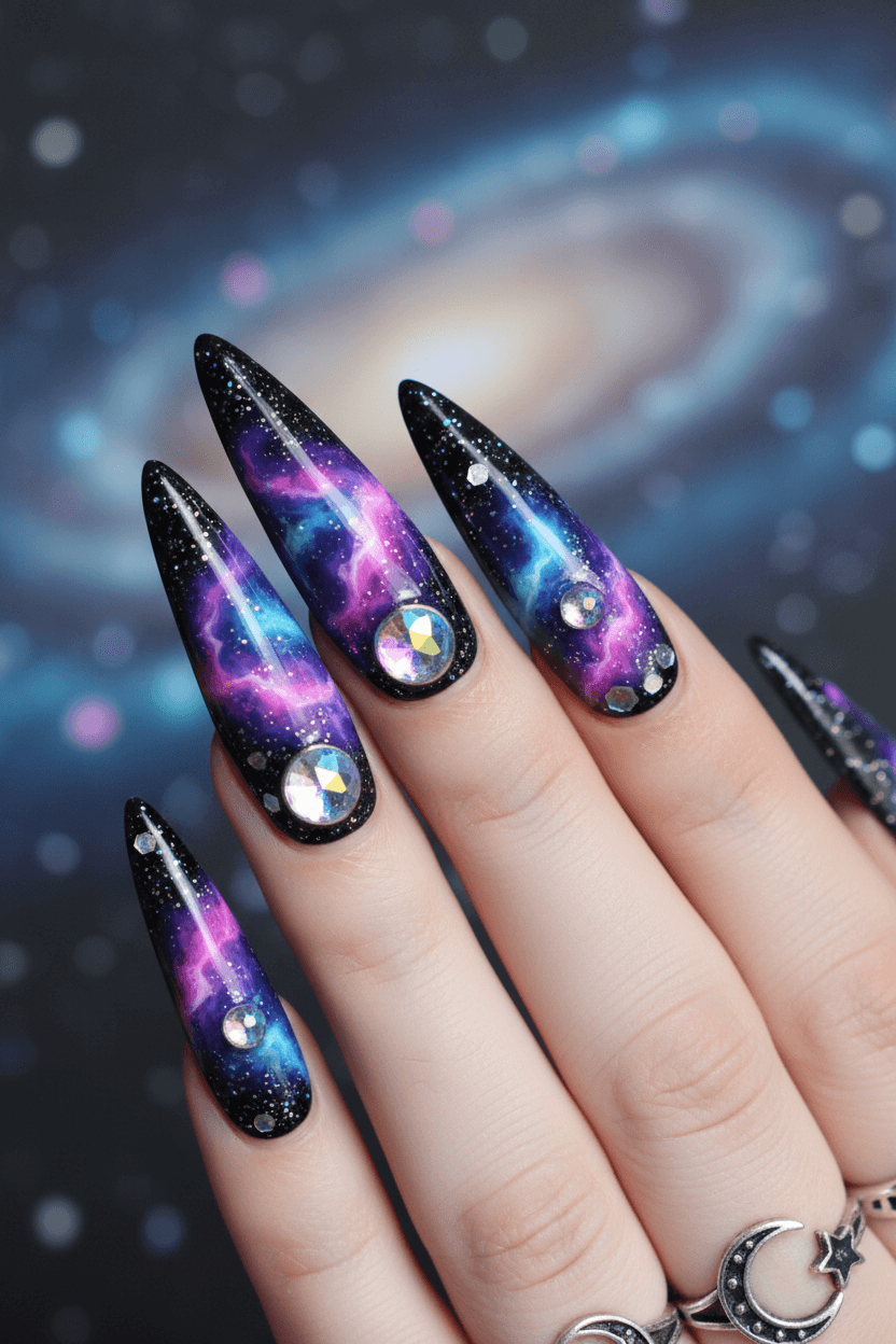 Nebula Noir Stilettos: Celestial Canvas Manicure