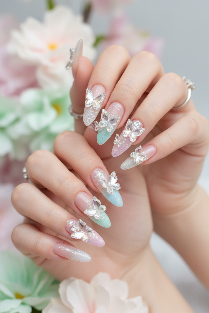 Whispering Wings: Pastel Crystal Nail Art